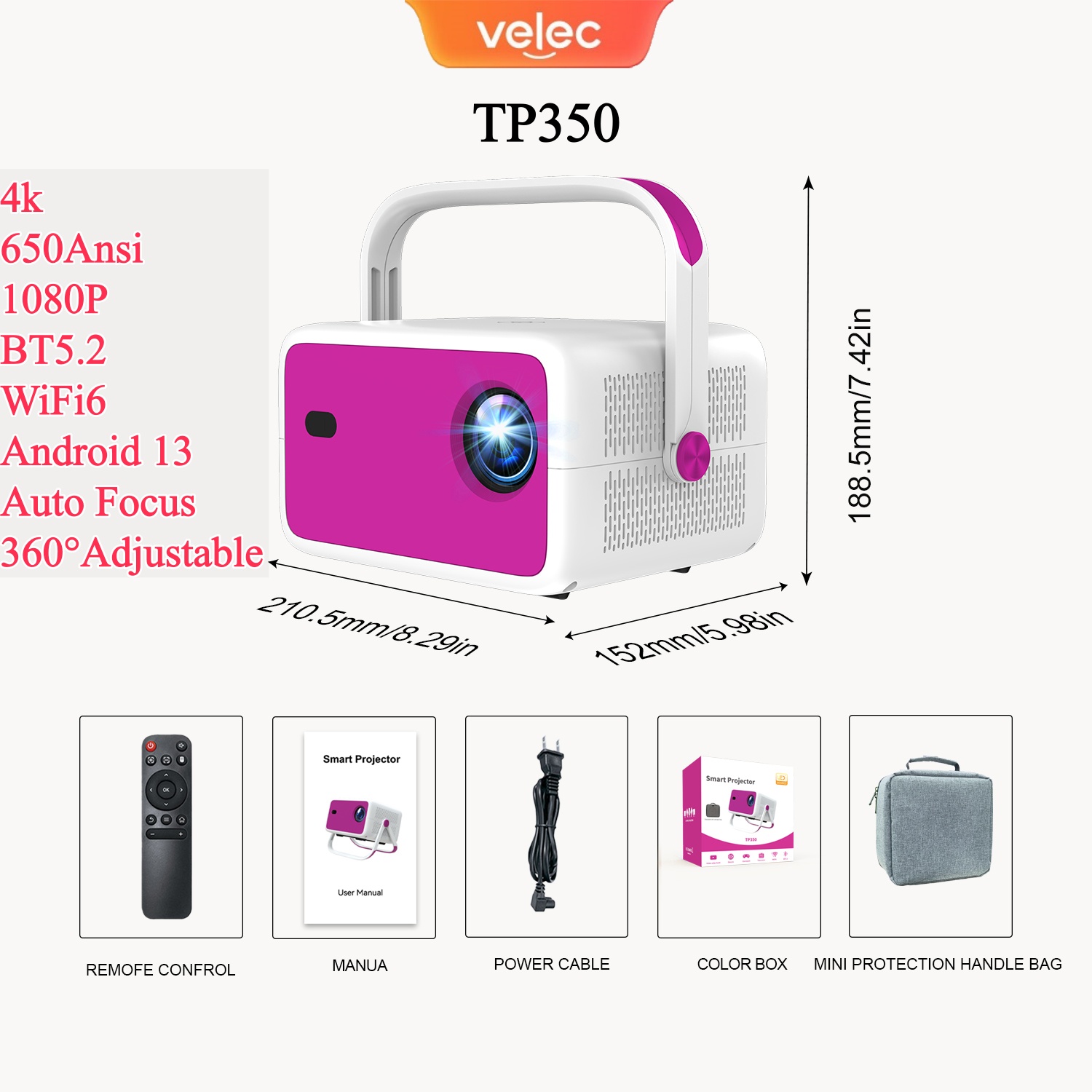 4K Smart Projector Android 11 Wifi 6 - Velec 4K 1080P HD Projector 650